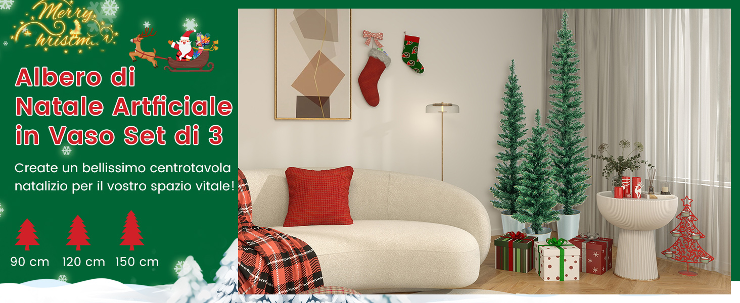 Set di tre alberi di Natale artificiali di diverse dimensioni. L'immagine mostra alberi in un salotto con decorazioni natalizie.