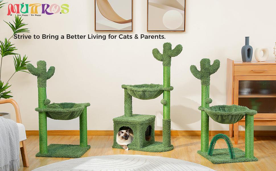 MUTTROS Cactus Cat Tree for Medium Cats with Arch Cat Self Groomer and Hammock, Cat