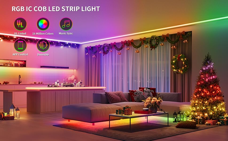 COB RGB Lights 20FT/6M RGB Smart IC Led Strip Lights with RF Controller Music Synchronization