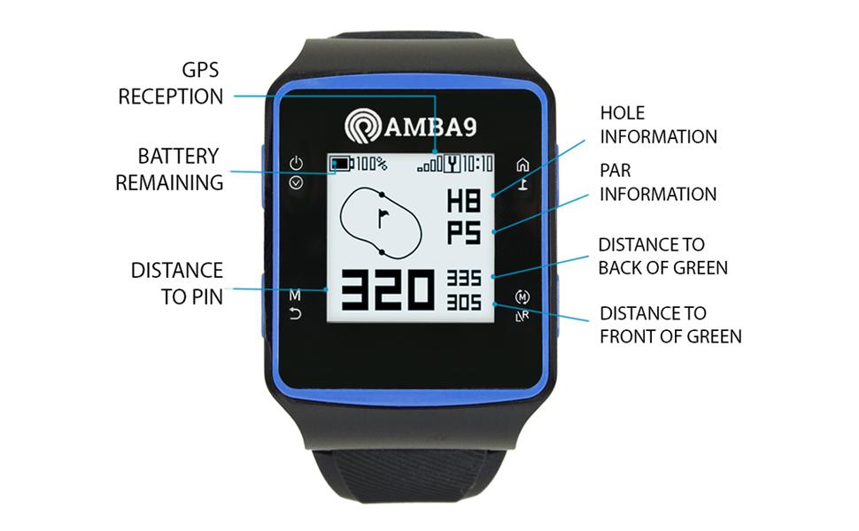 AMBA9 GOLF GPS WATCH HOLE PAR INFORMATION DISTANCE TO PIN BACK FRONT GREEN