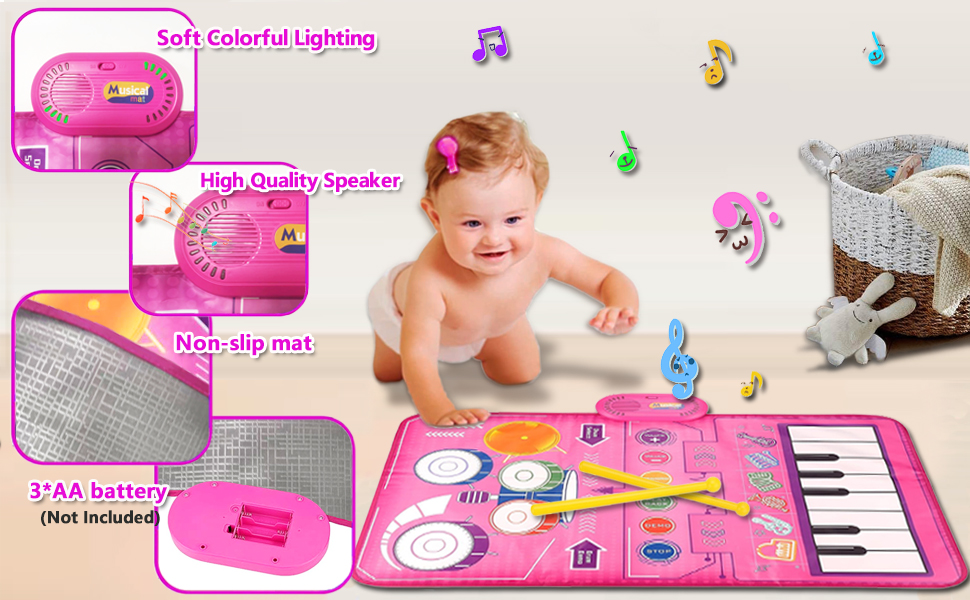 Pink musical play mat for babies with piano keys, built-in speaker, colorful lighting effects, and non-slip base. Requires 3 AA batteries.