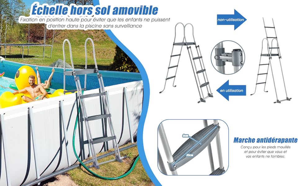 RELAX4LIFE Échelle De Piscine Hors Sol Avec Structure Acier Hauteur 122cm, Patins Antidérapants Sur 6 Pédales, Échelle Double Sécurité Pour Piscine Avec Plate-Forme Amovible 14 3
