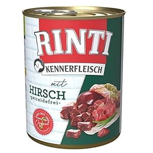 Eine Dose Hundefutter der Marke „RINTI“ mit Fleischvielfalt, fotografiert vor weißem Hintergrund.