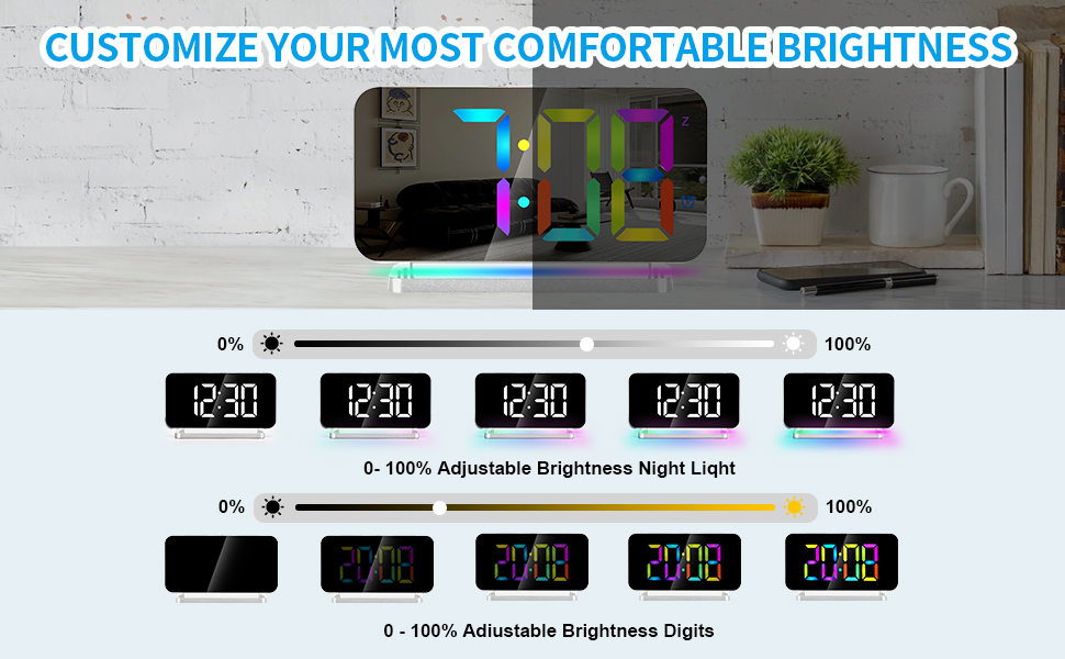 Sukeen Alarm Clock, 7.4" LED Digital Clock, Mirror Clock with 11 Colors