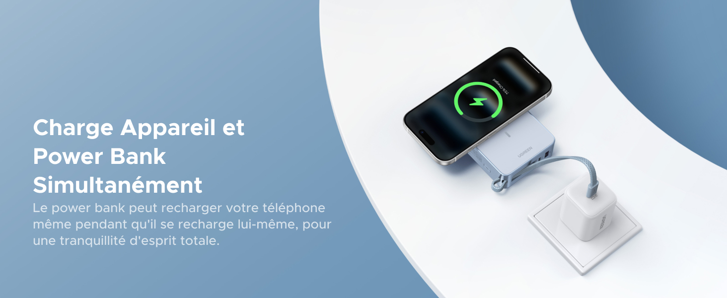 Le texte indique « Charge Appareil et Plusieurs Simultanément ». Images de démonstration du produit teintées en bleu montrant la fonctionnalité de recharge sans fil.