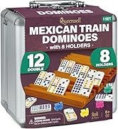 Mexican Train Dominoes Set with 8 Holders - Wooden Hub and Tiles Holders - Double 12 Tiles with D...