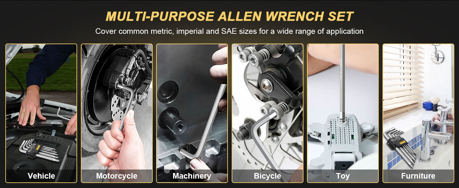 Multi-purpose Allen wrench set with various applications shown: vehicle, motorcycle, machinery, bicycle, DIY projects, and furniture assembly.