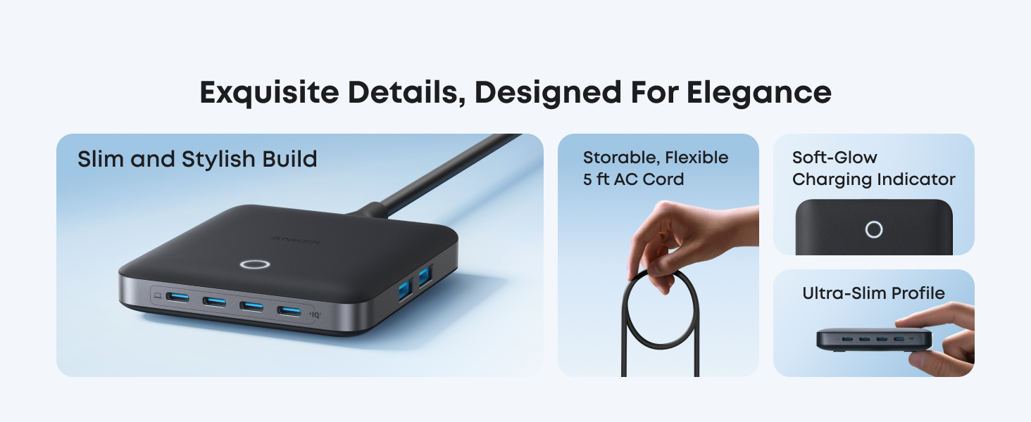 Slim profile power bank featuring multiple USB ports, charging indicator light, and flexible AC cord connection, shown in product demonstration panels.