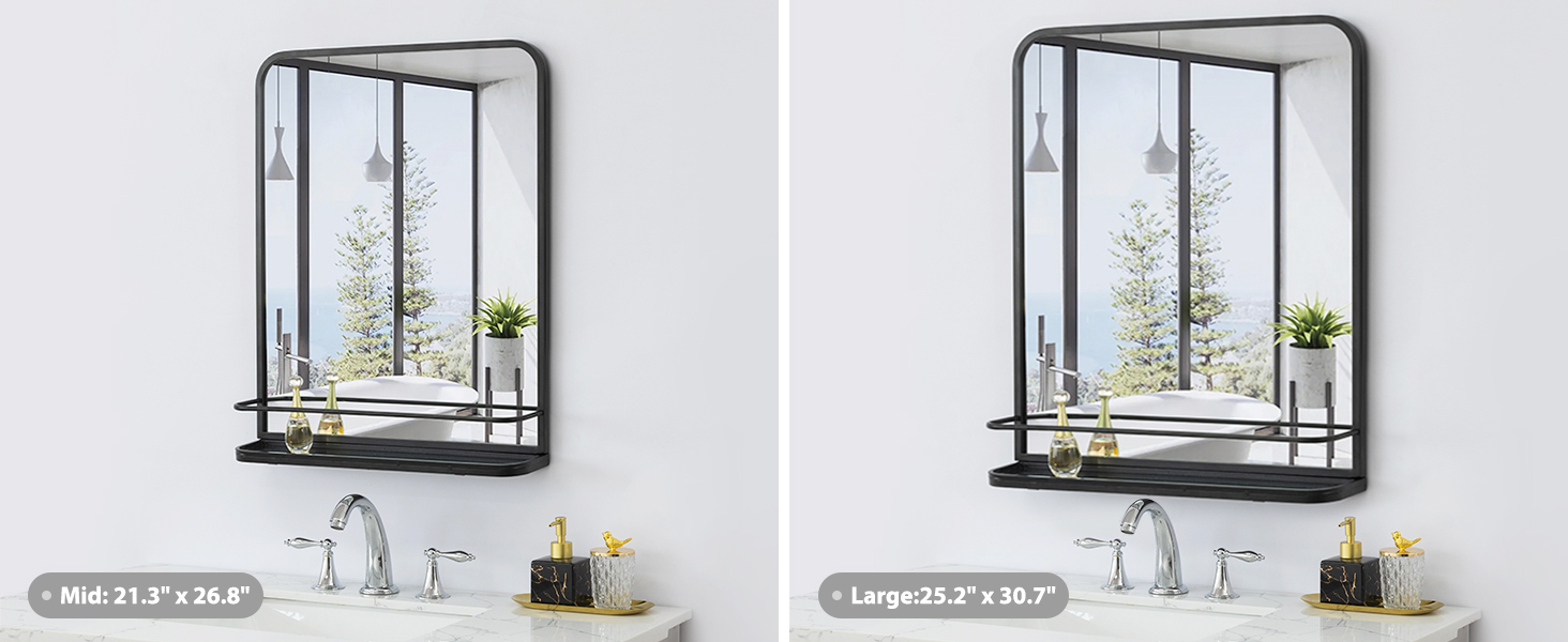 Black Metal Framed Bathroom Mirror with Shelf 