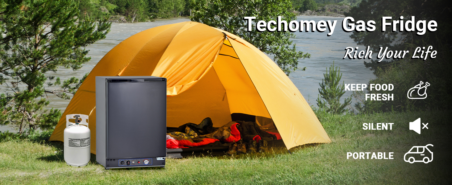 Techomey 3 Way Fridge Camping, 60L Gas Fridge 12V 240V LPG, 3 Way