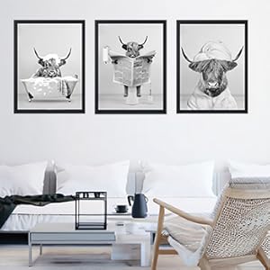 3pcs Funny Black and White Highland Cow Wall Art Stylish Canva Poster Printing Canvas Artwork