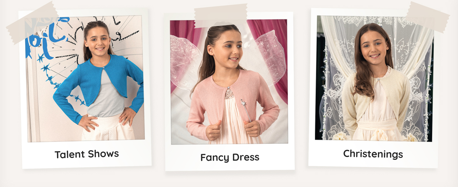 Three photography backdrop options labeled 'Talent Shows', 'Fancy Dress', and 'Christenings' showing different studio settings.