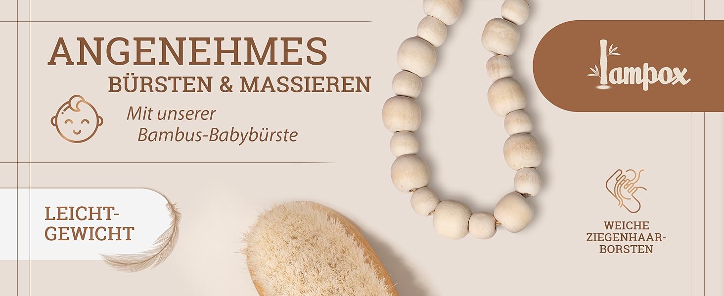 Halskette aus Holzperlen für Babys, gekennzeichnet als leicht und zum Bürsten und Massieren geeignet. Produktname 'Angenehmes' sichtbar