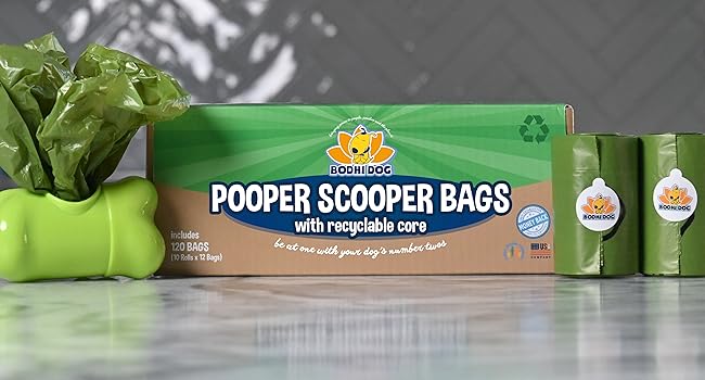 poo bags and holder on a grey and white countertop