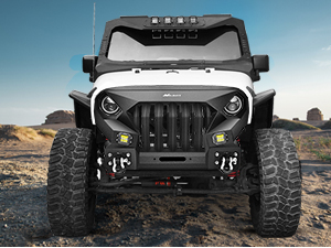 2007-2018 Jeep Wrangler JK & Unlimited 2/4 Doors Front Bumper Grill with Winch Plate 2Pcs 42w LED Work Light Pods Textured Black Solid Steel Off-Road