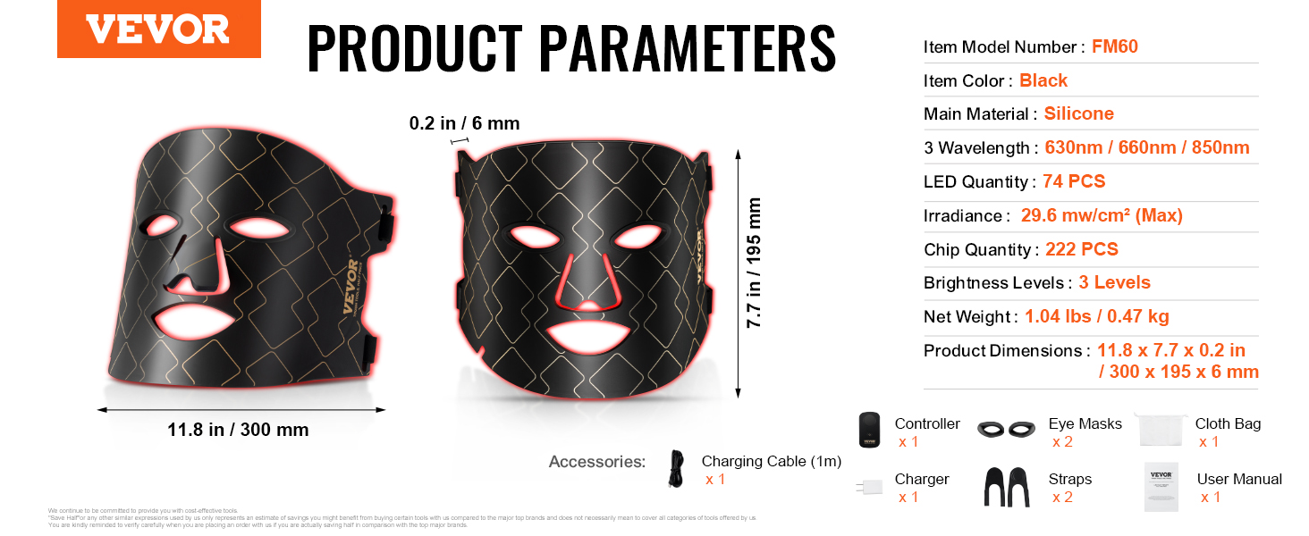 VEVOR Red Light Face Mask, LED Face Mask with 3