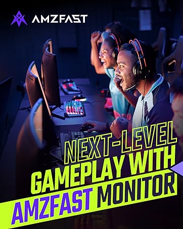 Der Text lautet „GAMEPLAY DER NÄCHSTEN STUFE MIT AMZFAST MONITOR“. Werbebild zum Thema Gaming, das Gamer zeigt, die Monitore mit neonblauen Lichteffekten verwenden.