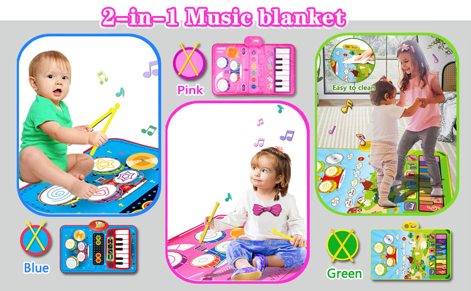 2-in-1 Music blanket product showcase available in three colors: pink, blue, and green, featuring musical instrument patterns and play mat design.