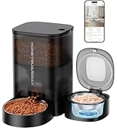Automatic pet feeder with transparent container for dry food, removable bowl, and smartphone control. Features programmable feeding schedules and portion control.