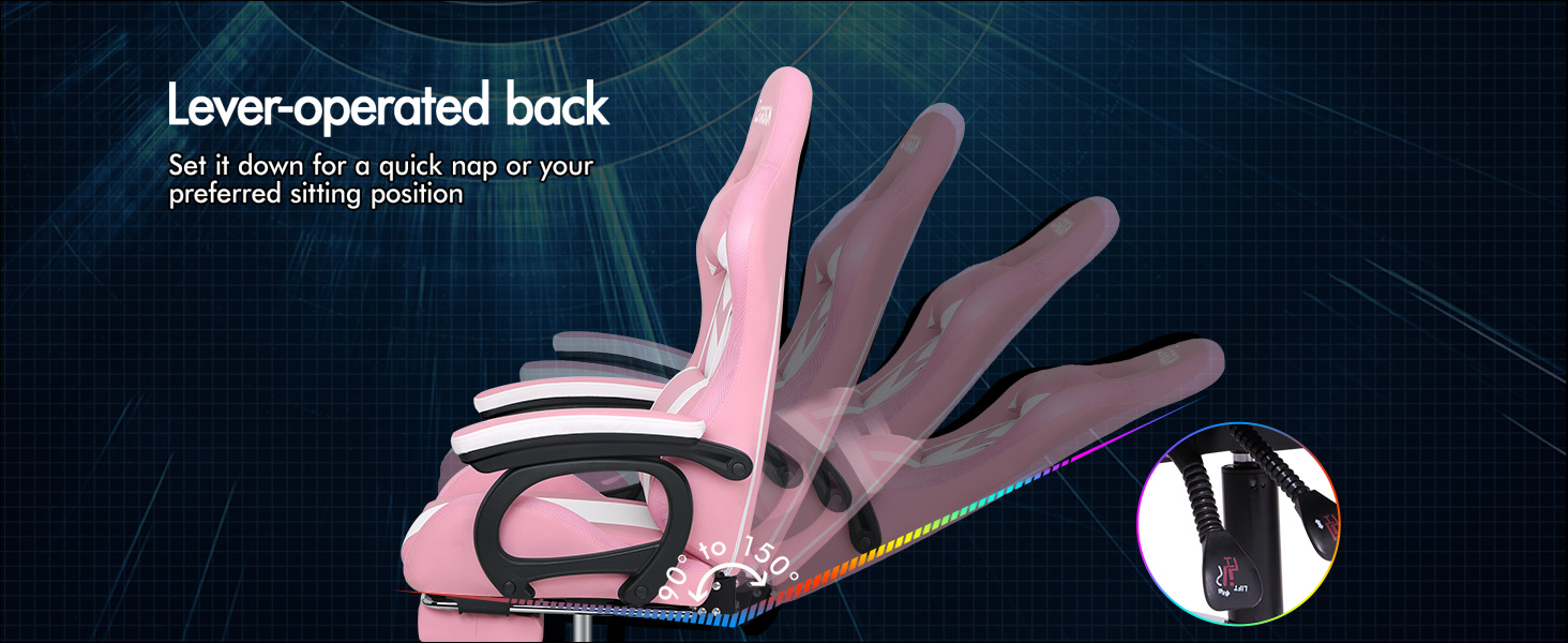 ELFORDSON Gaming Chair With RGB LED Light 8-Point Massage, Pink & White 14 3-3