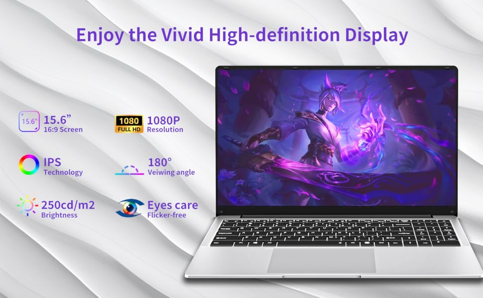 Le texte indique « Profitez de l'écran haute définition éclatant ». Plusieurs vues d'un ordinateur portable affichant des effets lumineux violets et bleus éclatants sur son écran.