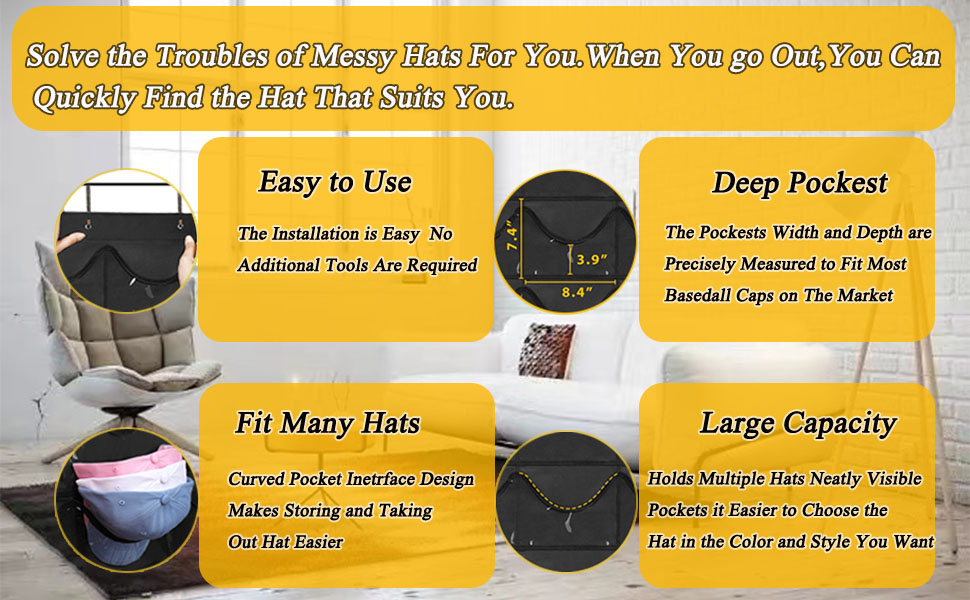 Hat Racks for Baseball Caps,Hat Storage Organizer,with 3 Door Hangers