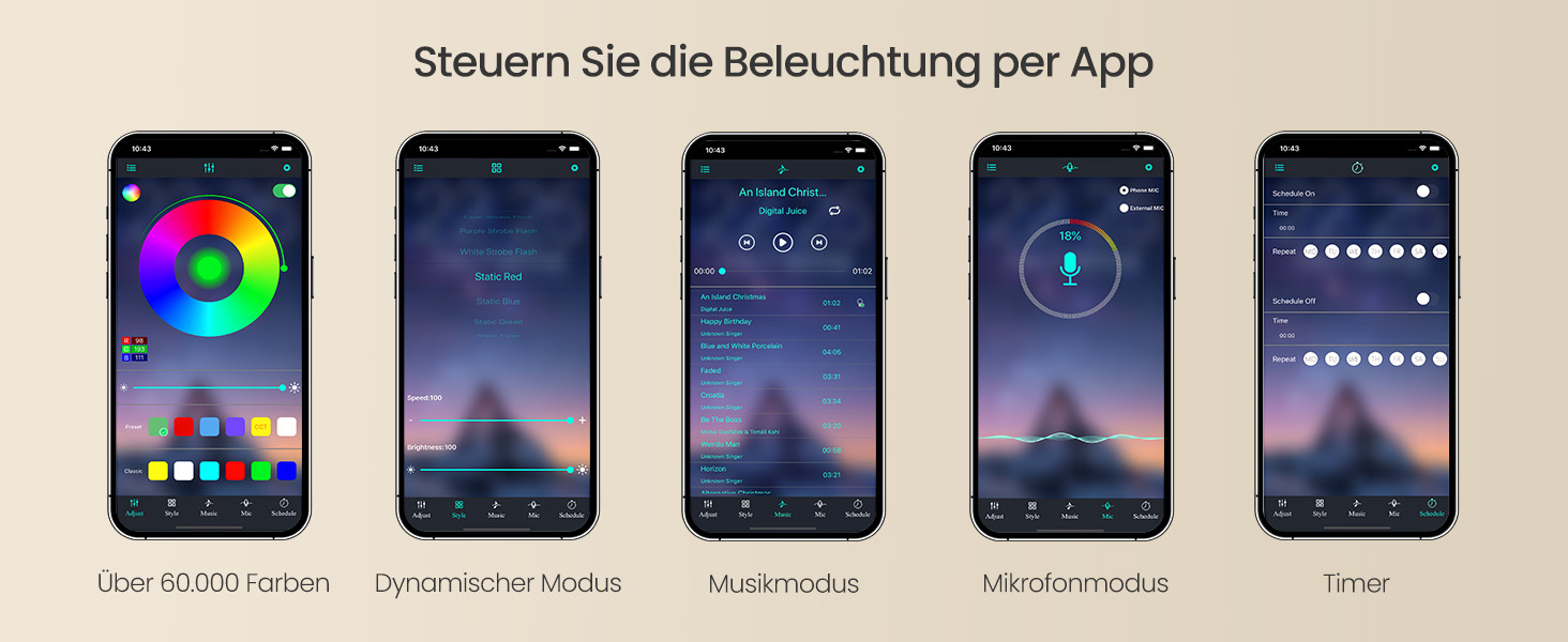 Fünf Smartphone-Bildschirme mit App-Oberfläche zur Lichtsteuerung mit Farbrad, Dimmsteuerungen und verschiedenen Beleuchtungsmodusoptionen