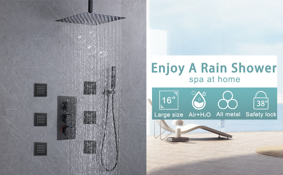 Enga Thermostatic Shower System with Body Spray Jets 16 Inch Rainfall