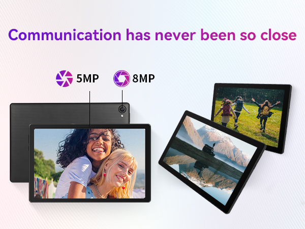 Tablet device advertisement showing multiple viewing angles, featuring 5MP and 8MP camera specifications against gradient background.