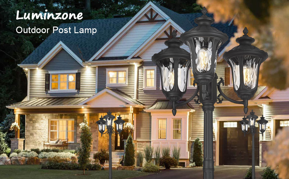 Luminzone Outdoor Lamp Post Light, Black Outside High Pole Lamp 3Head