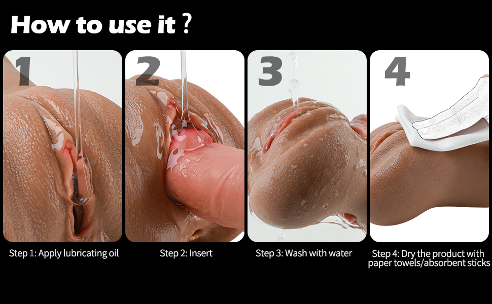 Anleitungsbilder in vier Schritten zur Anwendung eines Produkts auf der Haut. Die Schritte zeigen das Auftragen, das Einführen, das Spülen mit Wasser und das Trocknen