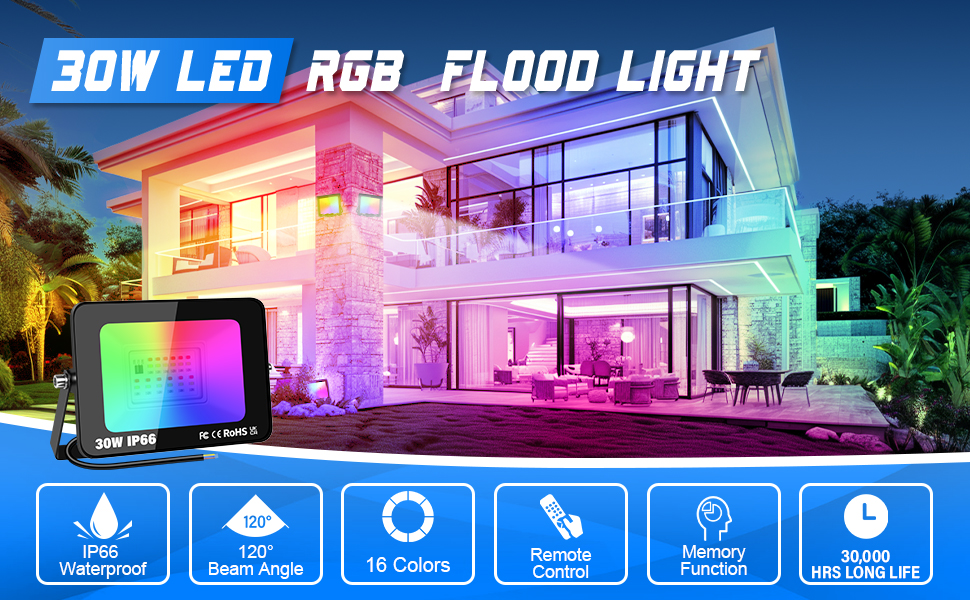 30W 3000lm RGB Smart Flood Lights,APP Remote Control LED Flood Light