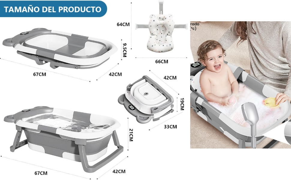 Bañera Plegable para Bebe, Tina de Baño para Bebe Cojín Antideslizante Pantalla Temperatura Bañera