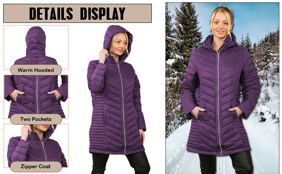 True Face Women's Long Quilted Puffer Jacket, Warm Hooded Winter Coat, Lightweight Casual Outerwear