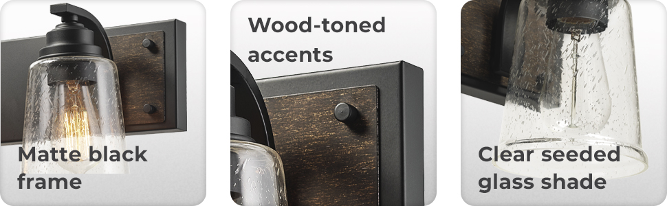 matte black frame, wood-toned accents, clear seeded glass shade