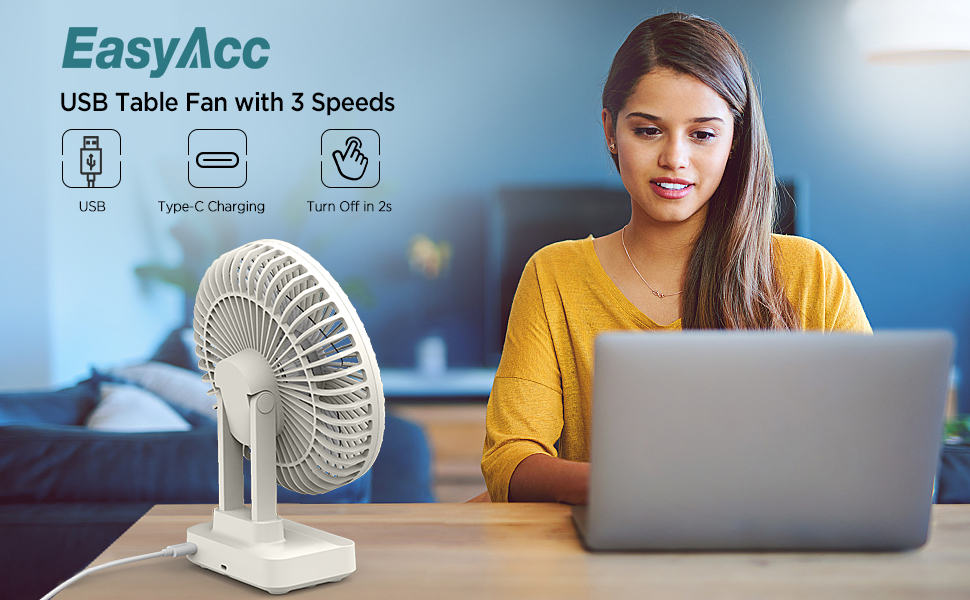 EasyAcc 7 Inch USB Desk Fan, 3 Speeds Strong Airflow Type C USB Fan