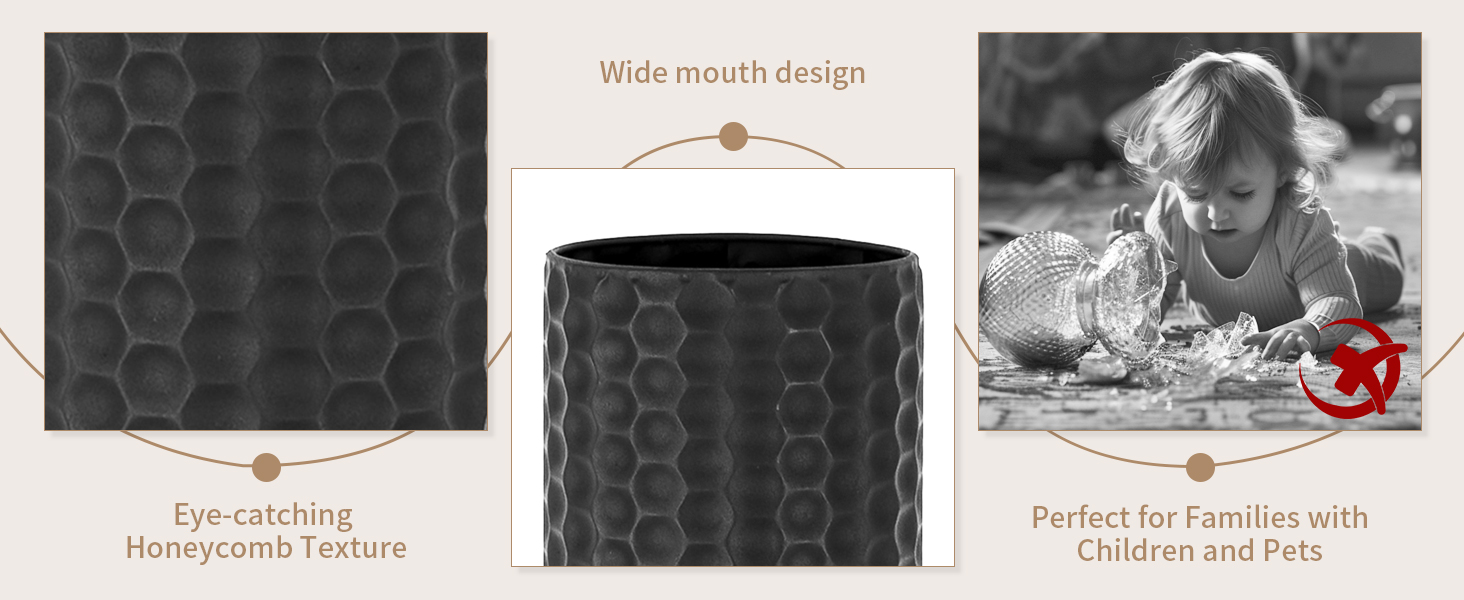 Black cylindrical container with honeycomb texture. Features wide mouth design. Product emphasized as suitable for families with children and pets.
