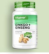 Le texte indique « GINKGO + GINSENG ». Flacon blanc avec étiquette verte contenant des capsules de supplément sur fond vert clair.