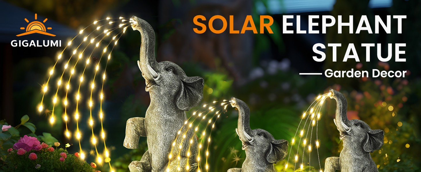 Text reads 'SOLAR ELEPHANT STATUE Garden Decor' with solar-powered decorative garden ornament product, featuring LED lighting effects and decorative elements.