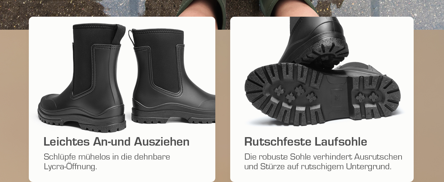 Schwarze wasserdichte Stiefel mit Bildern nebeneinander. Auf der linken Seite befindet sich die einfache An- und Ausziehfunktion, auf der rechten Seite die rutschfeste Sohle. Der deutsche Text beschreibt