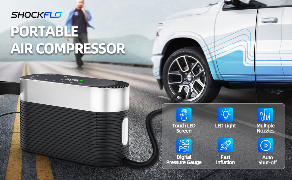 ShockFlo Tyre inflator Portable Air Compressor,150 PSI 40L/MIN Car Air