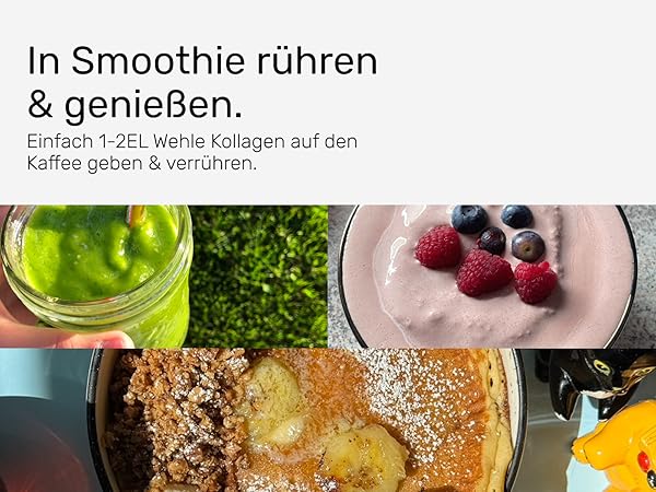 Sammlung von Smoothie-Fotos, die grüne und rosa Beerengetränke in Gläsern zeigen, zusammen mit deutschem Text über die Zubereitung von Smoothies