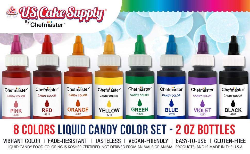 U.S. Cake Supply by Chefmaster 8 Colors Liquid Candy Color Set 2oz Bottles