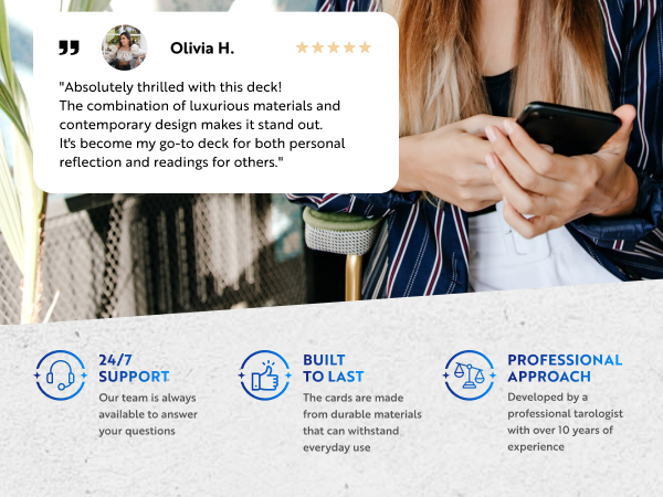 Customer review praising the luxurious materials and design of the tarot deck, with key features