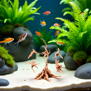 A serene underwater scene with the product nestled among vibrant aquatic plants and colorful pebbles