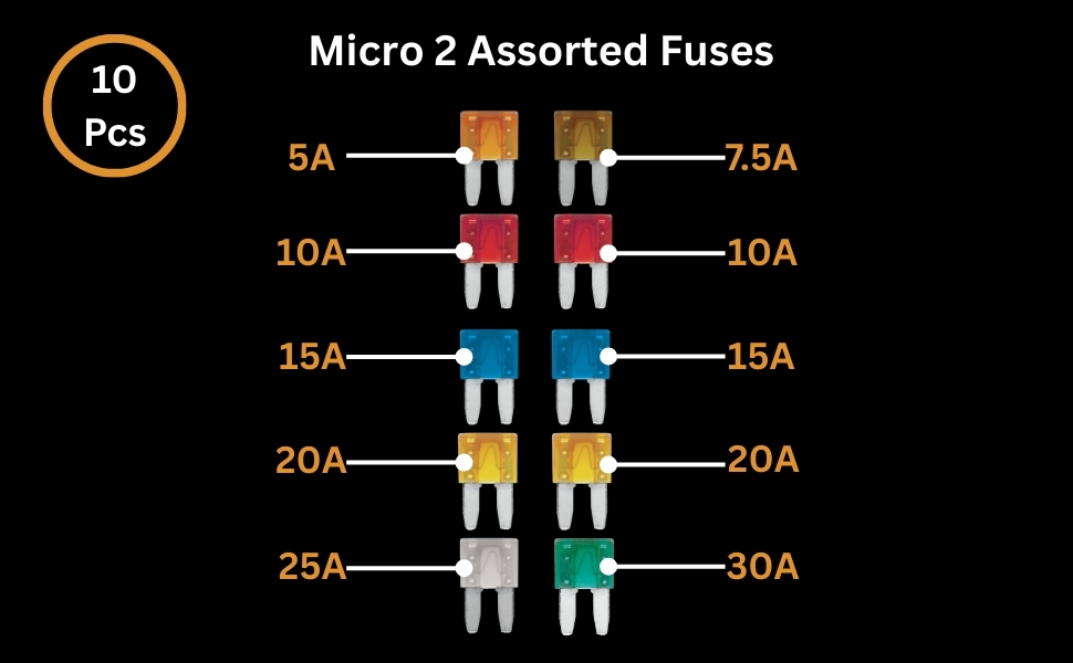 Assortment of 10 micro 2 automotive fuses in various colors, ranging from 5A to 30A. Fuses are arranged in two columns with amperage labels for each pair.