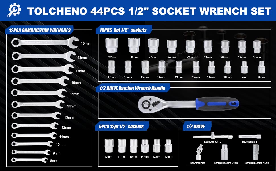 TOLCEHNO 44Pcs 1/2"Dr Socket Wrench Set,Metric Socket Set