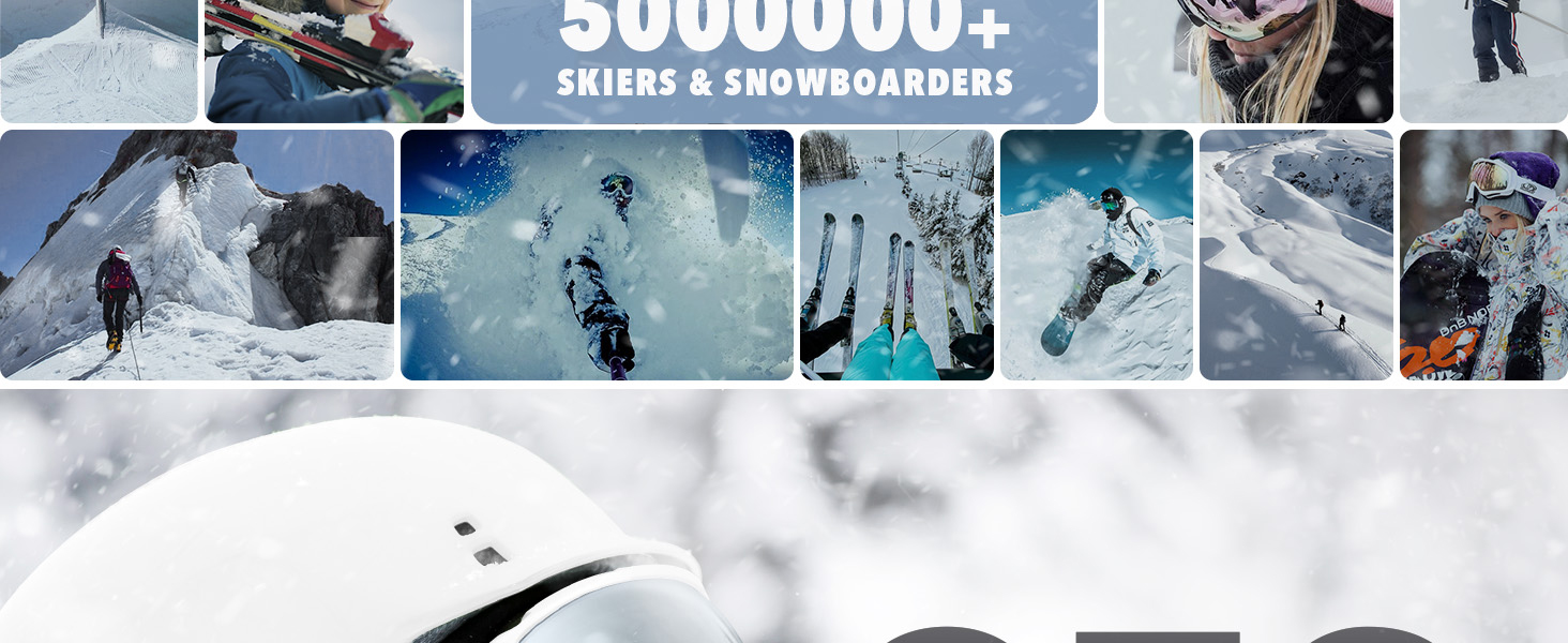 de imágenes de deportes de invierno que muestran a esquiadores y practicantes de snowboard en acción en laderas y montañas nevadas.