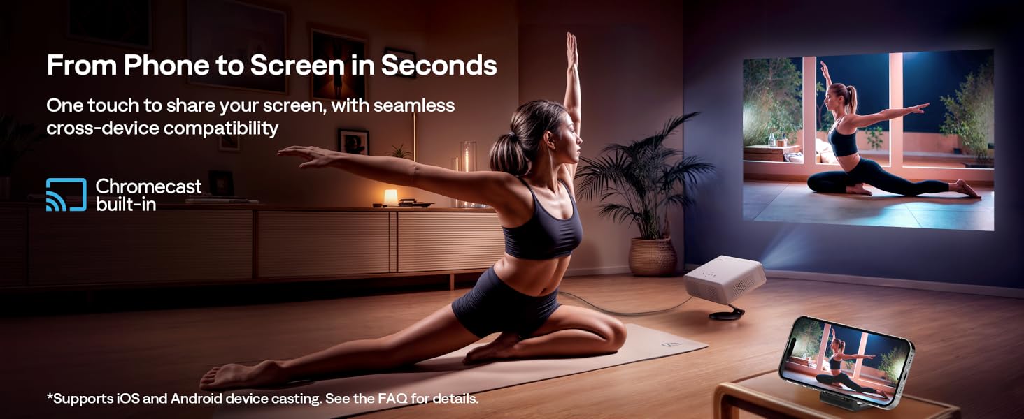 Smart TV displaying yoga instruction video. Woman follows along on floor. Smartphone shows same content, demonstrating screen mirroring capability. Text highlights quick phone-to-screen transfer and Chromecast built-in feature.