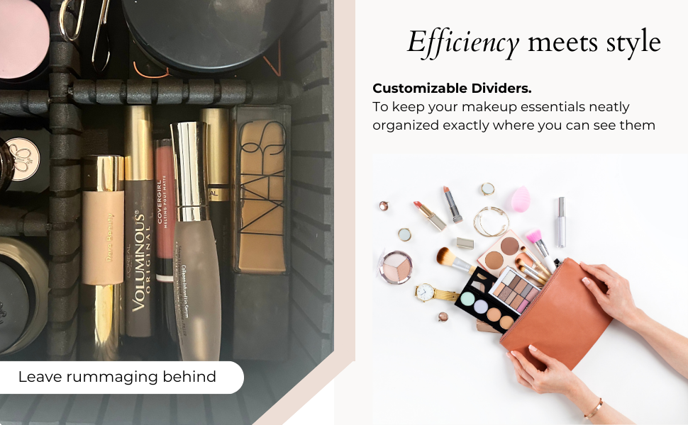 our make up storage organizer has customizable dividers to help keep your essentials organized